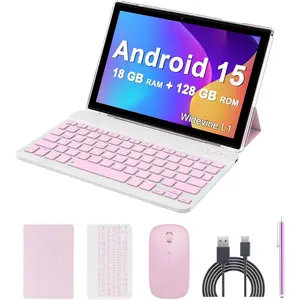 Android 15 Tablet, 10 inch 2 in 1 Tablets with Keyboard, 18GB RAM 128GB ROM 2TB Expand, Quad-Core 2.0Ghz CPU, 5G WiFi 6, BT5.0, 1280x800  Touchscreen, 6000mAh, Widevine L1, GMS Tablet,