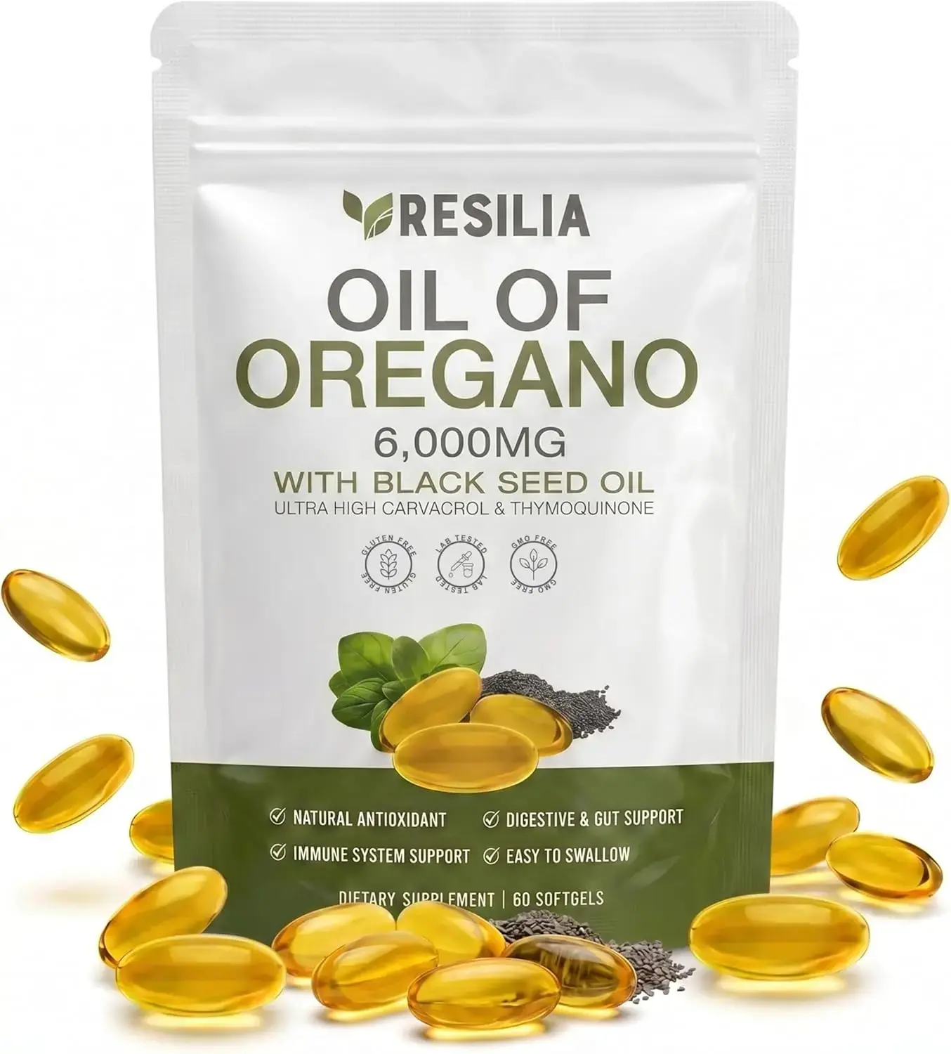 Resilia Softgels with Black Seed Oil – Premium Grade Oregano Oil Capsules for Immune & Digestive Support – Non-GMO, Gluten-Free Softgels – Natural Herbal Wellness Supplement (60 Count)