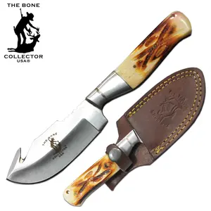BC 804 7.5" Bone Collector Gut Hook Blade Skinning Hunting Knife with Leather Sheath Outdoor Camping Fishing Gift Multi Tool, Bovine Bone Handle, Stainless Steel Blade