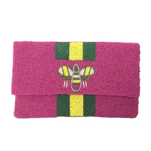 Alex Max Women's Buzzin' Bee Striped Beaded Shoulder Clutch, Crossbody Bag with Hands-Free Chain Strap in Fuchsia Pink, Beads