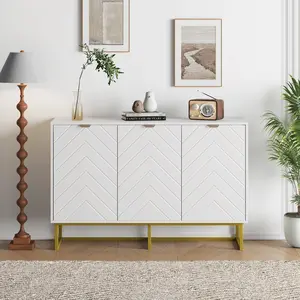 Gaomon Modern Herringbone Engineered Wood Buffet Sideboard - 3-Door Credenza Console Cabinet with Metal Legs, Shelf, Quick Setup, White Home Storage Organizer