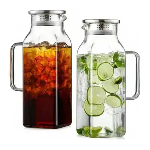 Viral Refrigerator Safe 2L/68oz 1 Pack Square High Borosilicate Glass Pitcher, Airtight Lid Drip-Free Spout Handle, Food Grade BPA Free Heat & Cold Resistant Leak-Proof, Dishwasher Safe, for Iced Tea Coffee Juice Hot Cold Drinks, Housewarming Wedding Gift