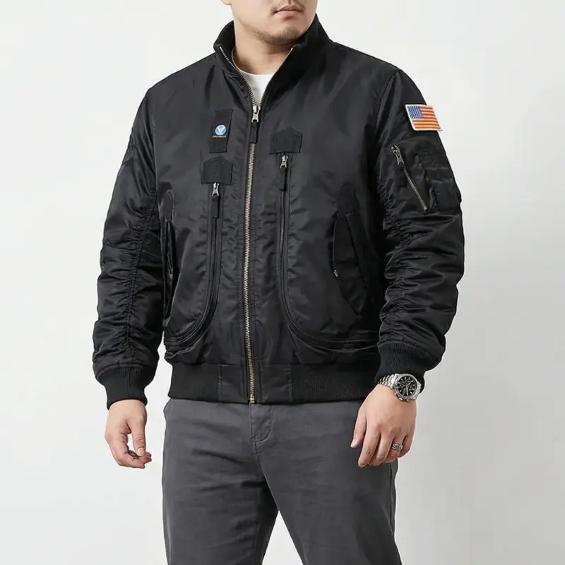 Men's Vintage Military MA-1 Longsleeves Bomber Coat - Polyester Thick Air Force Flight Jacket, Oversized Cargo Pilot Outerwear with Fleece Leopard Print, Dry Clean Retro Streetwear with Cargo Pockets (Black)