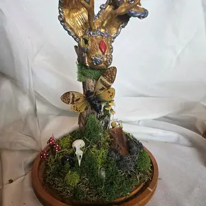 The Willowstar OOAK Enchanted Jackalope Terrarium Hand-Sculpted Golden Jackalope Cicada Raven Skull Red Amanita Mushrooms Crystals Forest Moss Wood Glass Globe Included Mystical Decor