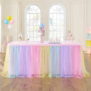 72in Rainbow Tulle Table Skirt for 4/6ft Rectangle Tables, 2-Layer Pastel Unicorn Ruffle Tulle Tutu Table Skirt for Girl Birthday Party Baby Shower Cake Dessert Table (No Table Cover)