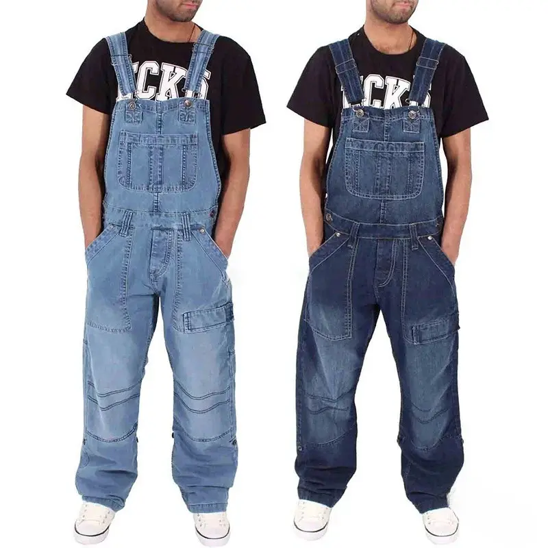 Men's Denim Overalls, Casual Loose Baggy Fit Solid Color Washed Mid-Waist Multi-Pocket Jumpsuit, Menswear