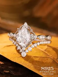 Women's 925 Silver Ring Set, Elegant Floral Design, Artificial Zircon Inlay, Casual Jewelry Gift Box, Fashion Engagement Rings, Engagement Wedding Rings, All Season Wear