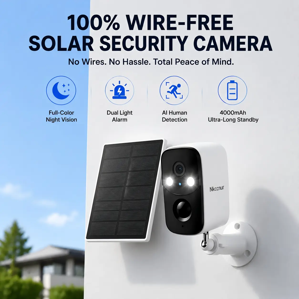 NKCCNUR 1pc Solar Powered Outdoor Security Camera, 1440P HD , WiFi, IP66 waterproof, two-way audio, AI human/vehicle/pet detection, AI motion detection, motion alert, encrypted cloud storage, indoor & outdoor dual-use.【Nkccnur】