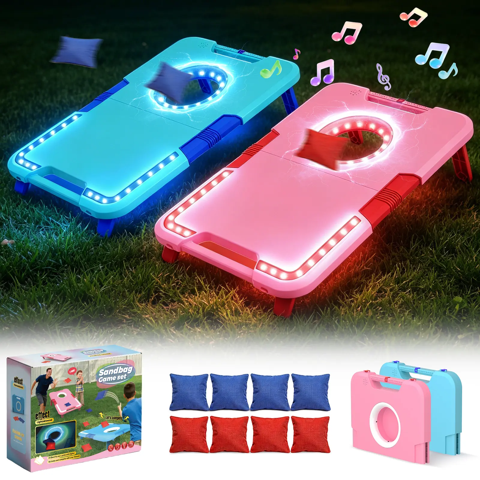 Foldable Light-Up Cornhole Game Set with Sensor Light & Sound Effects, 2 Adjustable Angle Boards, 8 Sturdy Bean Bags, Built-in Scoreboard Portable Bean Bag Toss Game for Kids Adults Indoor Outdoor Camping Backyard Party Christmas Gift, Pink & Blue