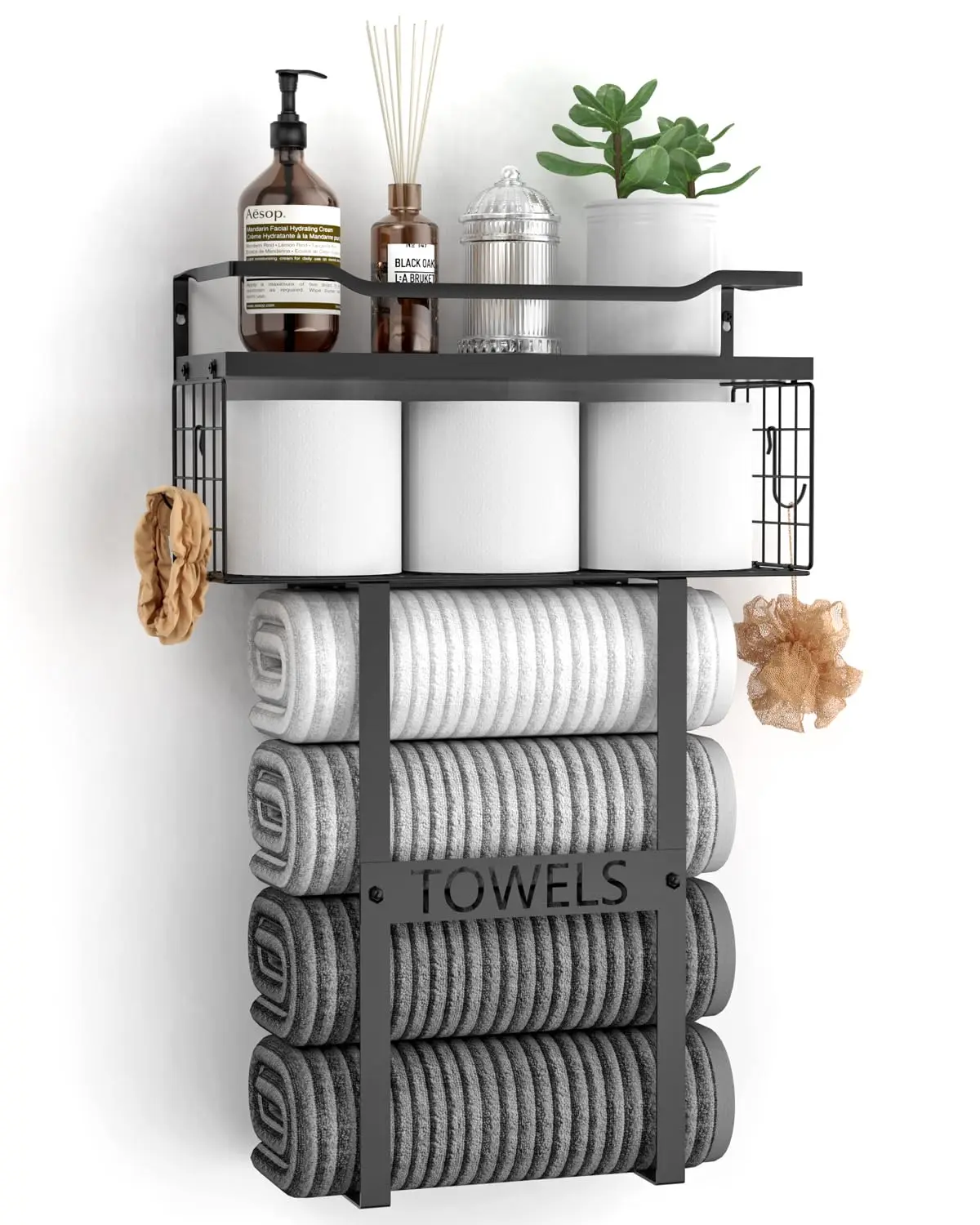 Wall Mounted Towel Rack for Bathroom - Bath Storage Holder Set Above Toilet, Rolled Towel Shelf Organizer, Wood Vertical Rack for Small Bathroom Decor