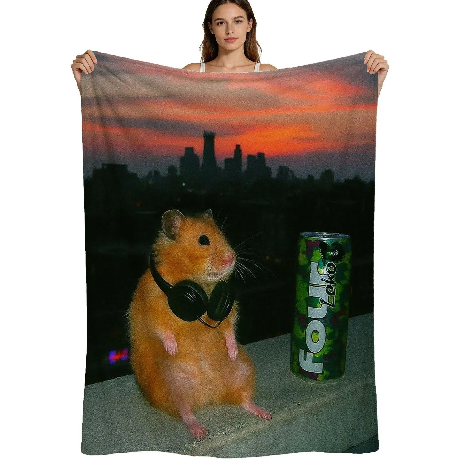 Trendy Aesthetic, Warm Flannel Blanket, Golden Hamster With Headphones And Four Loko Can At Sunset City Skyline, Soft Plush Fabric With Vibrant Digital Print, Perfect For Gamers And Urban Nightlife Fans, 4 Sizes Availabl
