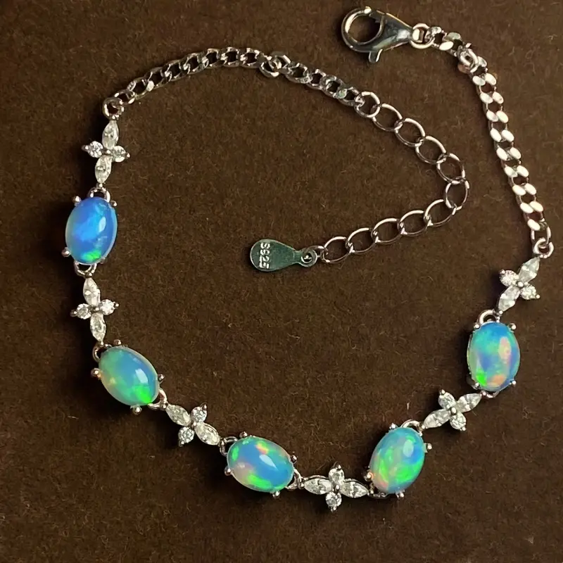Women's Elegant Silver Bangle - Meticulously Set Natural Ethiopian Opal, Iridescent Hues, Modern Costume Jewelry, Wrist Candy Accessory, Colored Gemstone Piece, Holiday Birthstone Gift for Evening Wear, Birthday, Female