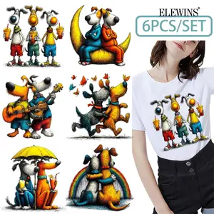 6Pcs Funny Dog Gold Foil DTF Transfer Heat Press for Tshirt Hoodie Jeans Backpack Pillow Machine Washable Plastic Festival Gift Creative Craft Accessories