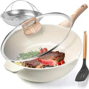 AOSION 12 Inch Nonstick Ceramic Deep Frying Pan Skille with Lid 5QT Sauté Pan for Cooking with Steam Rack Healthy Large Skillet Stay Cool Handle Induction Compatible PFOA & PFAS Free White