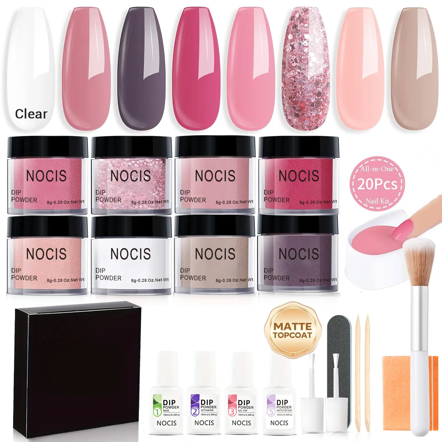 NOCIS Dip Powder Nail Kit - 8x8g Smooth French Nail Art Dipping Powders, Gentle Salon-Quality Set with Base Coat, Top Coat, Activator, Brush, Durable Polish - All-in-1 Daily Manicure Tools for Beginners, Flawless, Coverage, Dip Powder Nails