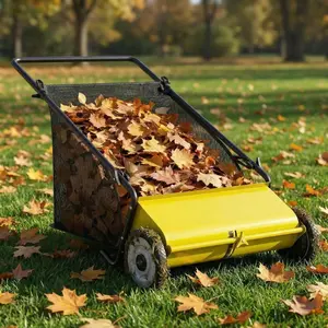 Yellow 26 Inch Heavy Duty Push Lawn Sweeper 4 Spinning Brushes Steel Frame 7 Cu. Ft. Adjustable Height Collector for Grass Leaves Yard Debris
