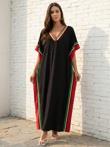 EDOLYNSA Striped kaftan dress cozy house robe muumuu outfits Moo Moo Dress vacation relaxed beach wear leisure wear versatile cover up daily wear Homewear Boho Casual Dress Q1615