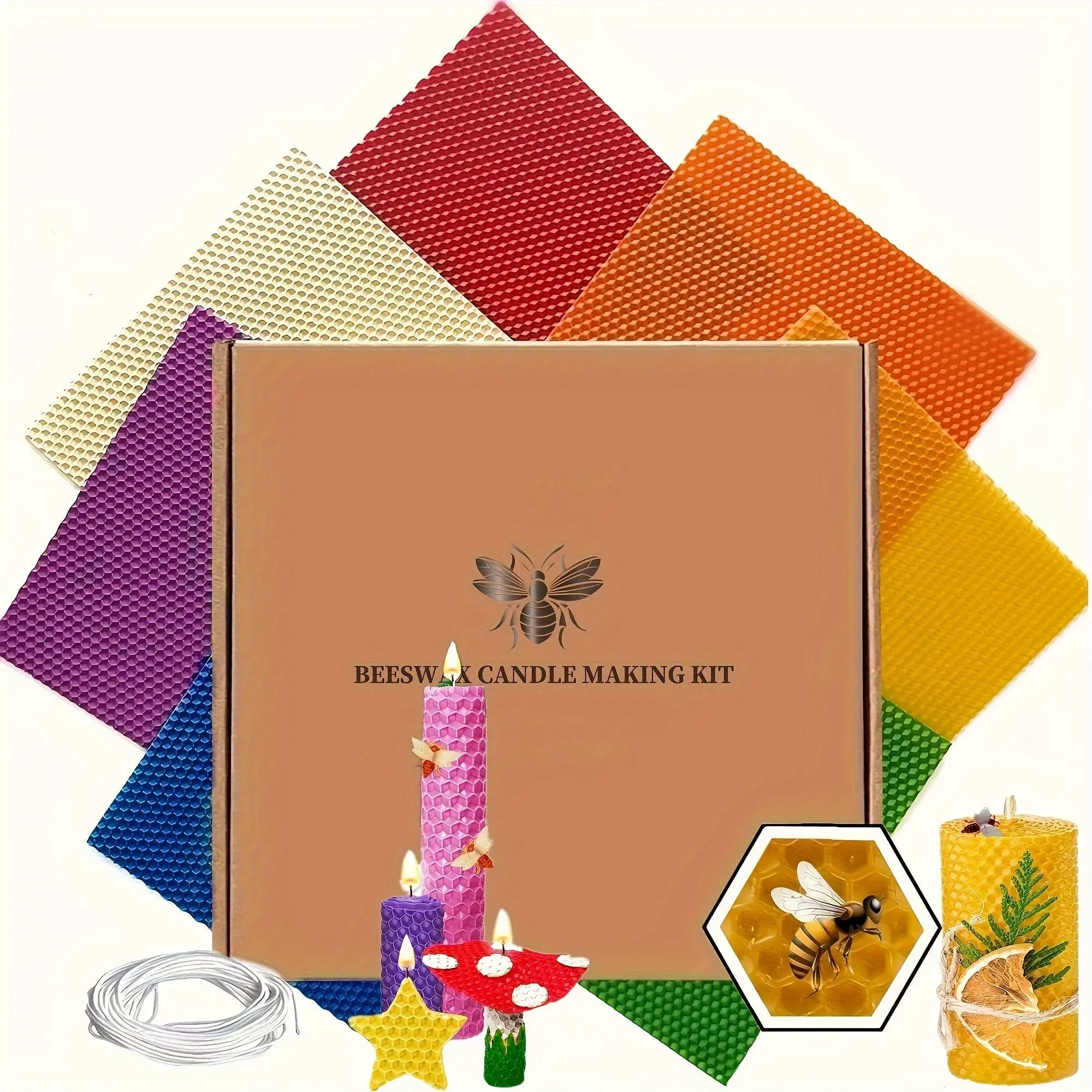 Beeswax Candle Making 7-Piece Set, 20x20 cm Honeycomb Beeswax Sheets, Includes 2 Decorative Accessories, DIY Roll Candle Kit for Adults, Choose from Natural White or Multicolor, for Craft Projects & Home Decor,A thoughtful gift for candle enthusiasts