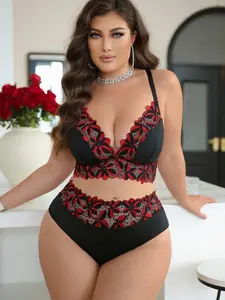 Plus Size Lace Patchwork Wireless Bra Set - 2pcs Fantasy-Elegant Briefs with Adjustable Straps & Removable Padding for Bride & Bridesmaid