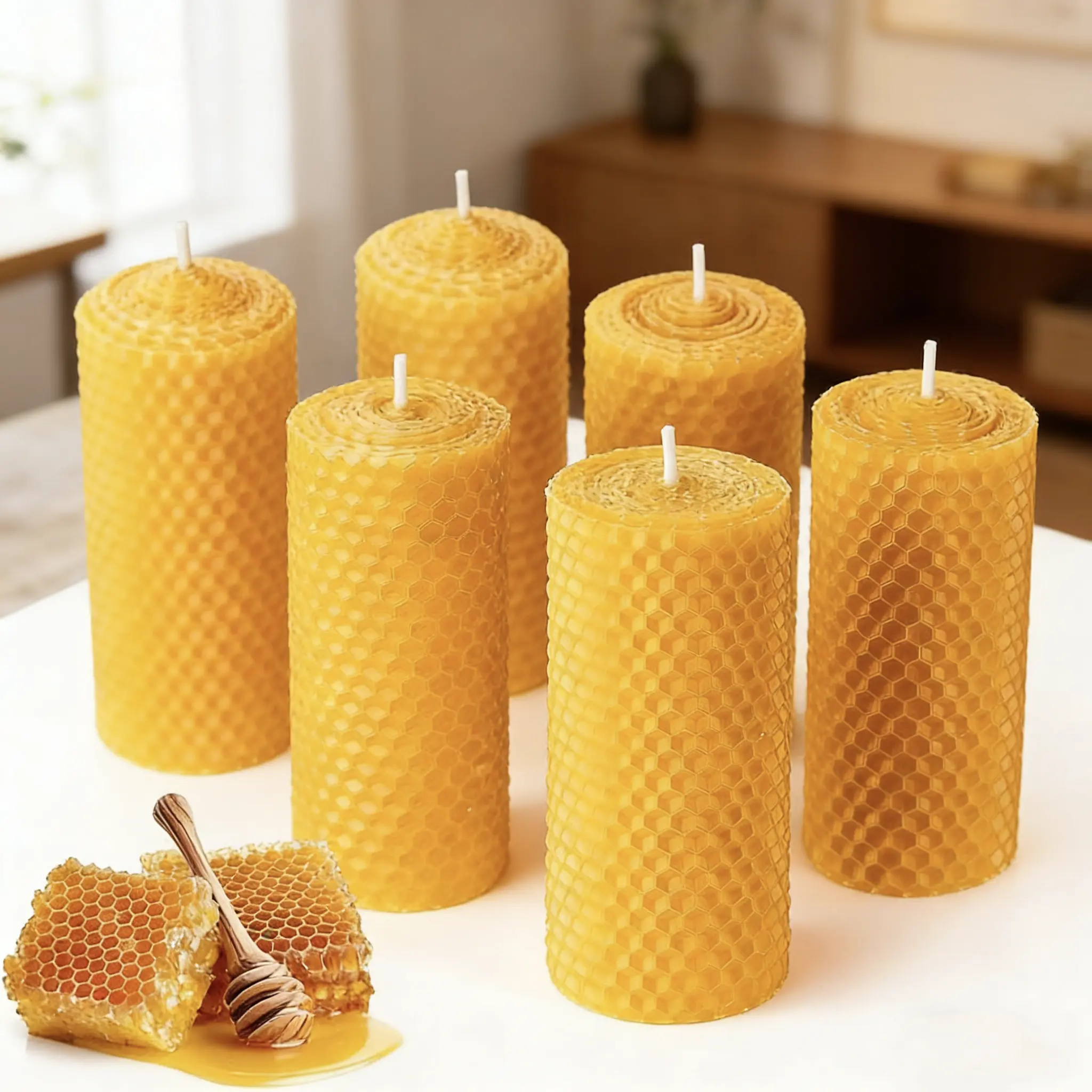 6/12-Pack 100% Pure Beeswax Pillar Candles, 10x3.5cm Handmade Rolled Honeycomb Texture, Natural Bee Scent, No Additives Clean Burning, for Home Decor Holiday Celebrations Mood Lighting & Gift Giving