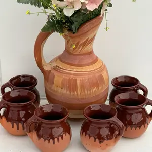 Vintage mexican Clay fresh water 7pc gift set. 4qts pitcher and 350ml Drinkware mugs