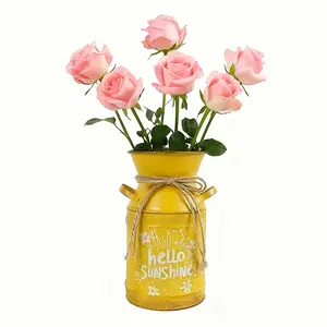 Iron Yellow Vase with Double‑Ear Hemp Rope Decoration, Rustic‑Style Ornament, Desktop Floral Arrangement Container. Suitable for living rooms, bedrooms and desks. Warm and versatile floral set with fresh green plants.