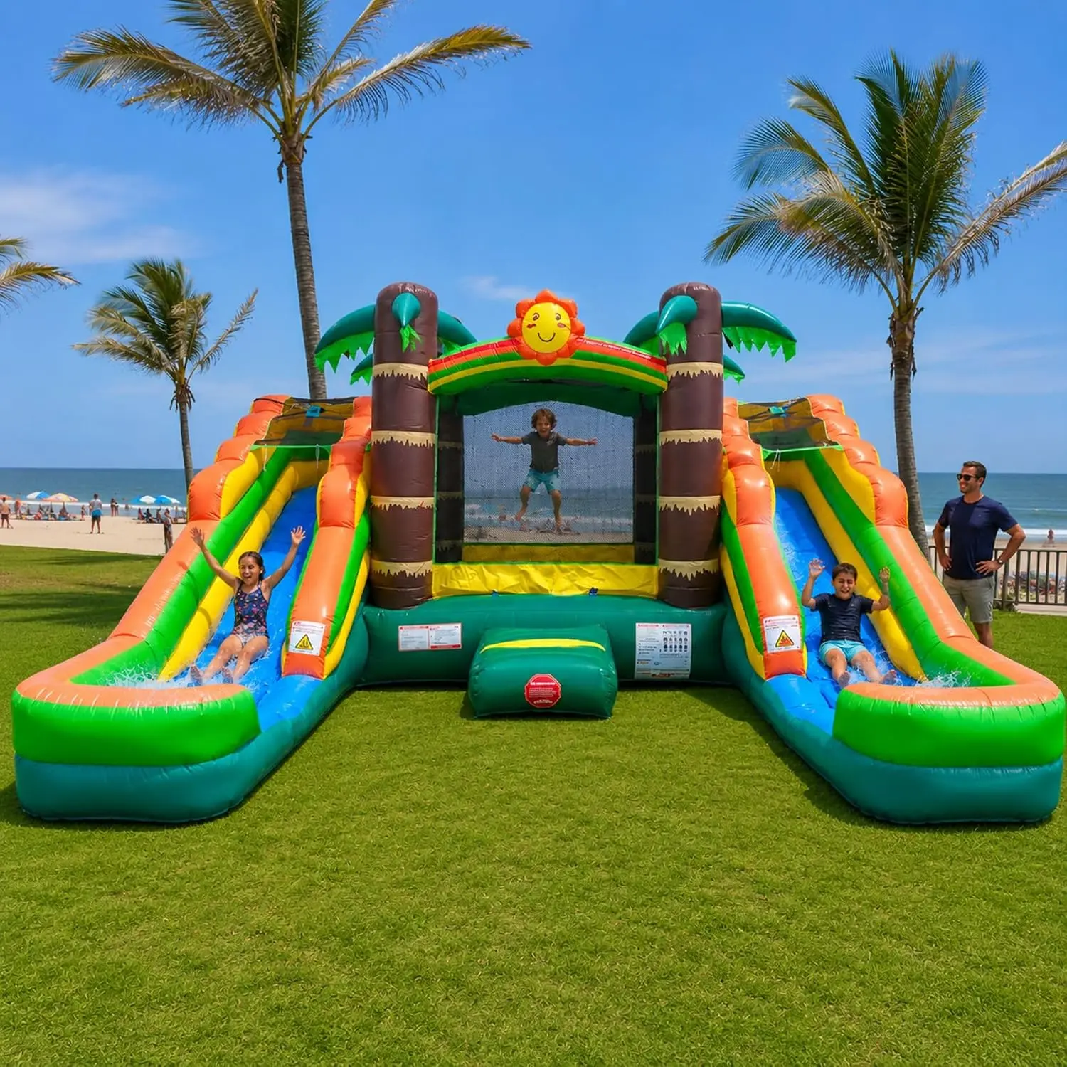 Pogo Bounce House Inflatable Jump Castle Dual Water Slide, Pools, Tropical | Heavy-Duty 15oz Vinyl in Stress Areas, Jump Bouncer Double Waterslide Combo w/ Blower, Stakes, & Storage Bag, 500lb Capacity