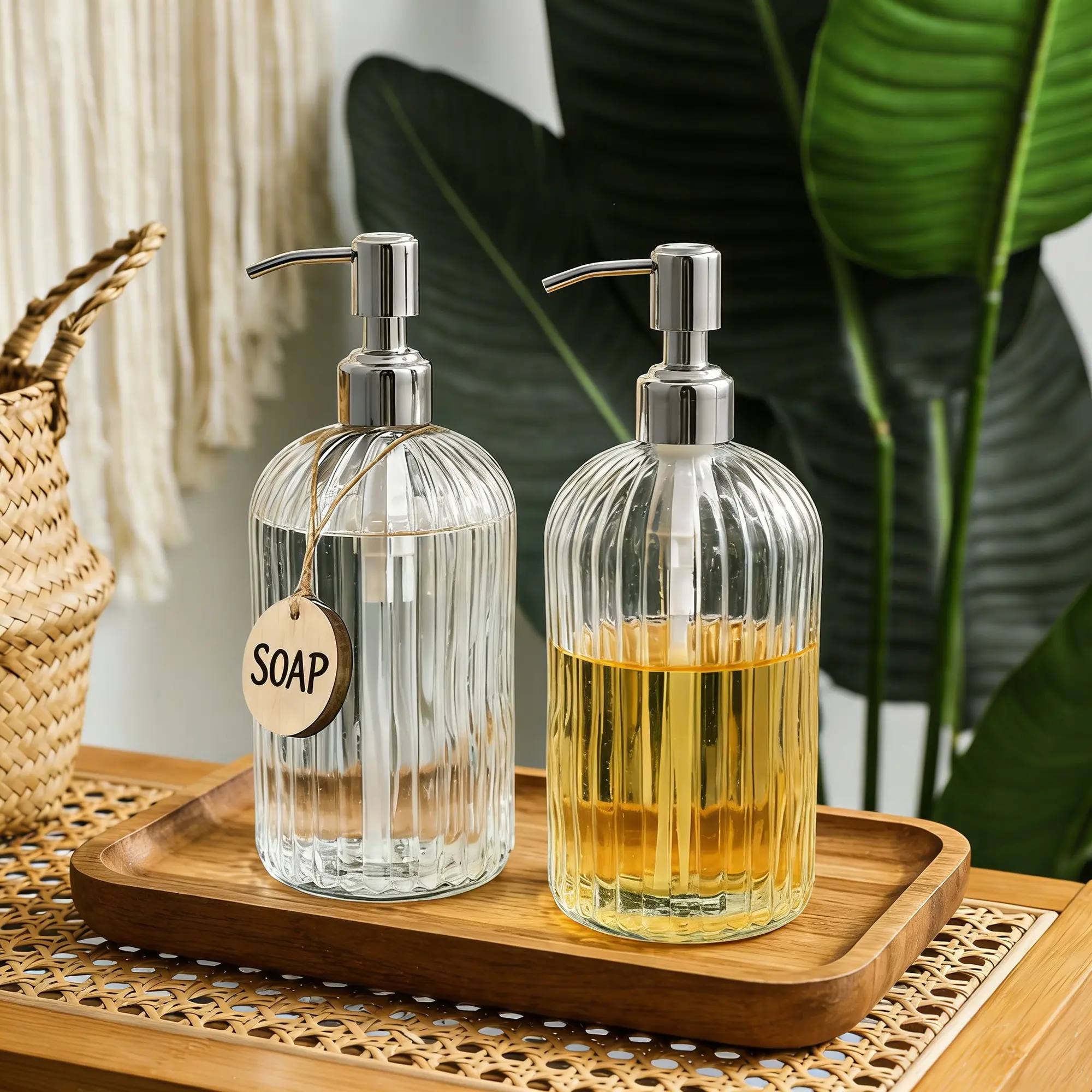 2 Pack Glass Soap Dispenser with Rust Proof Stainless Steel Pump, Refillable Hand Soap Dispenser with Vertical Stripe, Elegant Hand Soap Dispenser for Bathroom & Kitchen