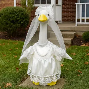 23 Inch Wedding Bride Goose Costume with Veil, Outdoor Indoor Lawn Porch Decoration, Fabric Wedding Dress, Lace Collar, Easy Setup