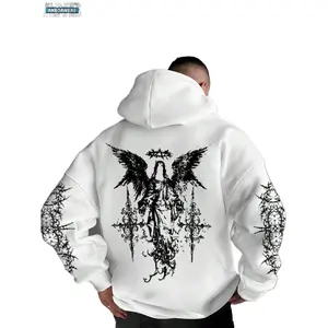 Men's Spring/Winter Hoodie, Fashionable Street Style Art Punk Goth Punk Street Wear Angel & Thorn Barbed Wire Graphic Print Fleece Pullover Sweatshirt, Long Sleeve Top