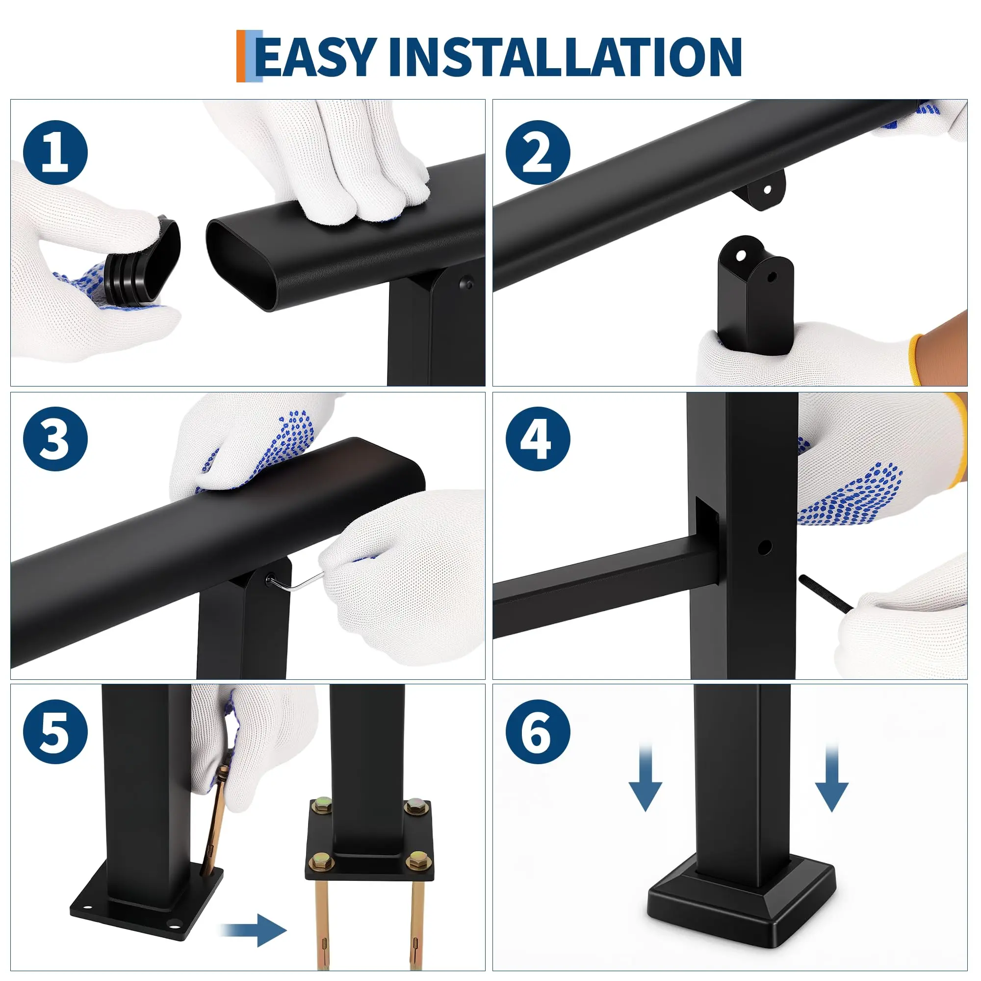 Garvee Heavy-Duty Adjustable Stair Handrail for 1-6 Steps – Metal Safety Railing for Porch, Deck, or Concrete Stairs – Indoor/Outdoor Use – Durable Black Finish