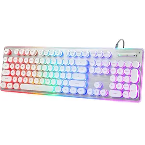 Typewriter Style Keyboard with Metal Panel, Rainbow LED Backlit, Anti-Ghosting, Spill Resistant, Light Up USB Wired Retro 104 for Office/Gaming