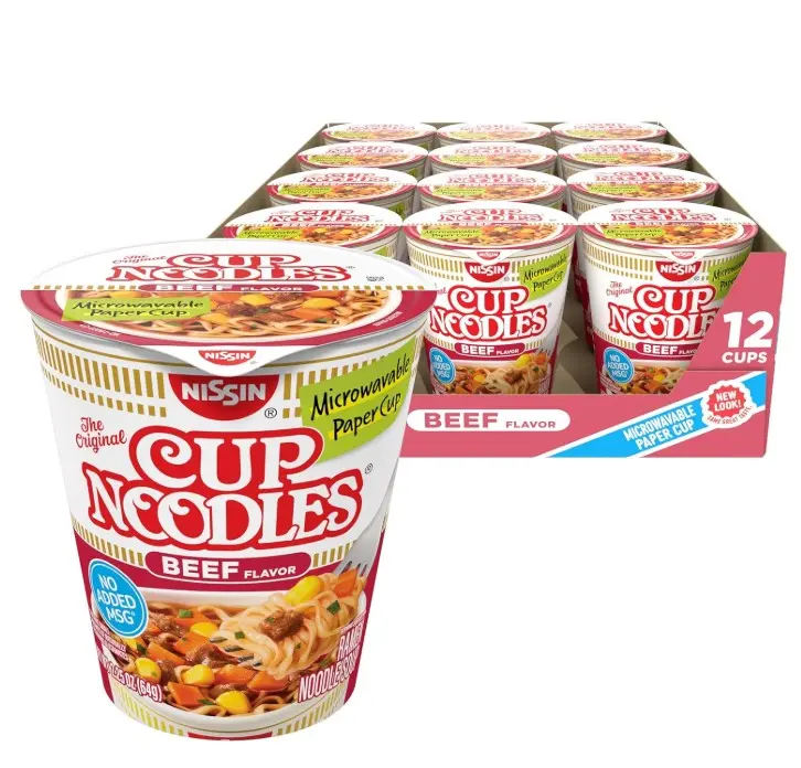 Nissin Cup Noodles Soup, Beef Flavor, Microwaveable Paper Cups, Instant Ramen, 2.25 Ounce (Pack of 12)