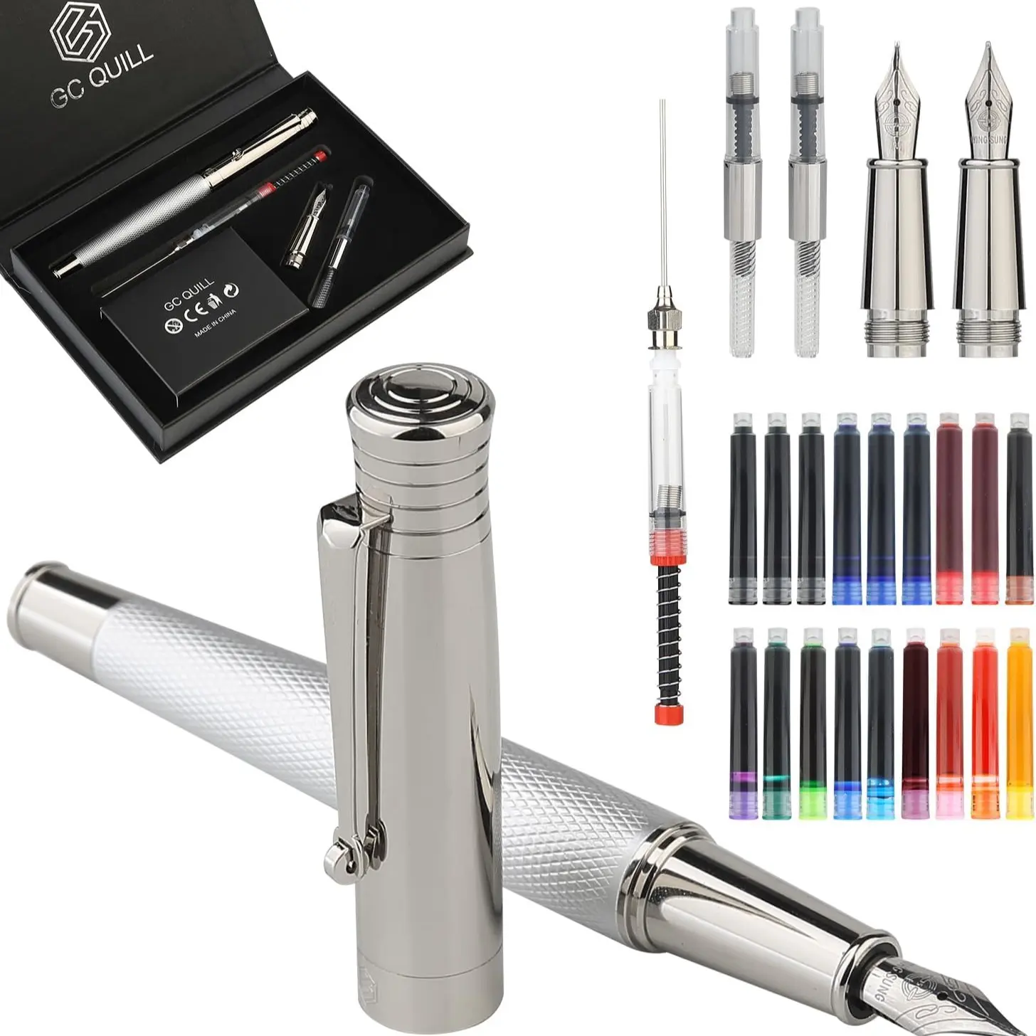 Silver Fountain Pen Set, Writing Pens, Fine and Medium Nibs, 18 Ink Cartridges, 2 Ink Converters, Perfect for Writing and Calligraphy