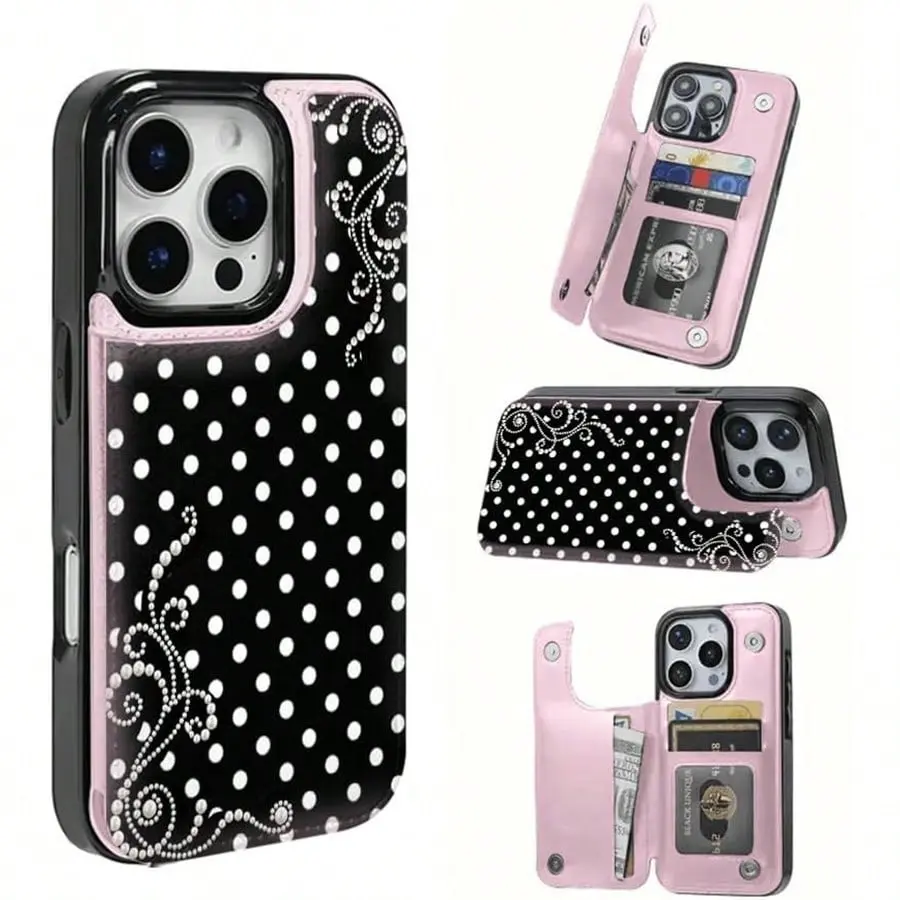 This leather card-holder phone case, featuring a "dreamy pearl polka-dot" pattern, is compatible with the iPhone 17 Pro Max/Air/16/15/14/13/12/11 and Samsung S22/S23/S24/25 series.