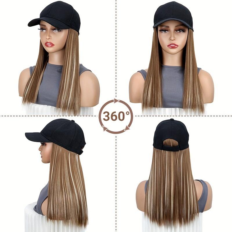 Women's synthetic hat wig, long straight black hair, baseball cap with hair attachment, stylish and convenient all-in-one design.