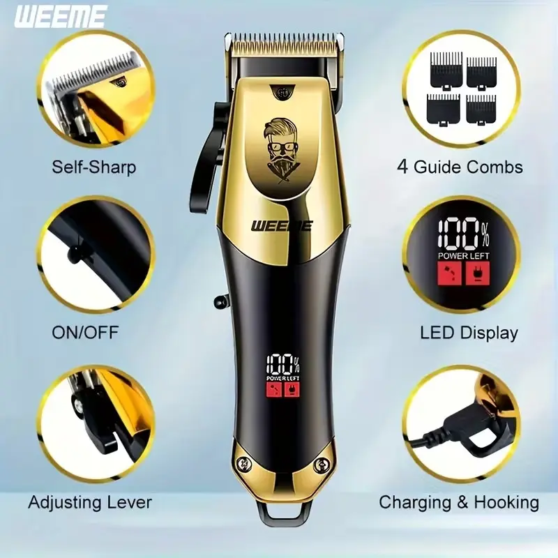 WEEME Professional Men's Digital Display Electric Hair Clipper, Hair Cutting Tool, USB Rechargeable, 4 Guide Combs, For Salon & Home Use, Haircut, Rechargeable Lithium Battery, Ideal Gift For Men, Digital Hair Clippers