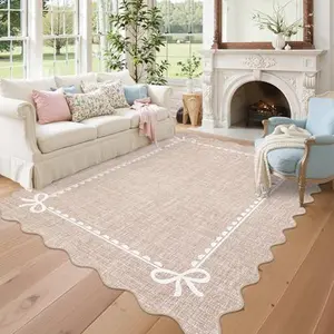 5x7 Scalloped Bow Rug for Living Room,Solid Camel Rug for Dorm,Washable Runner Rugs Soft Low Pile Non Slip Scalloped Rugs for Nursery Bedroom Decor Hallway Entryway Playroom
