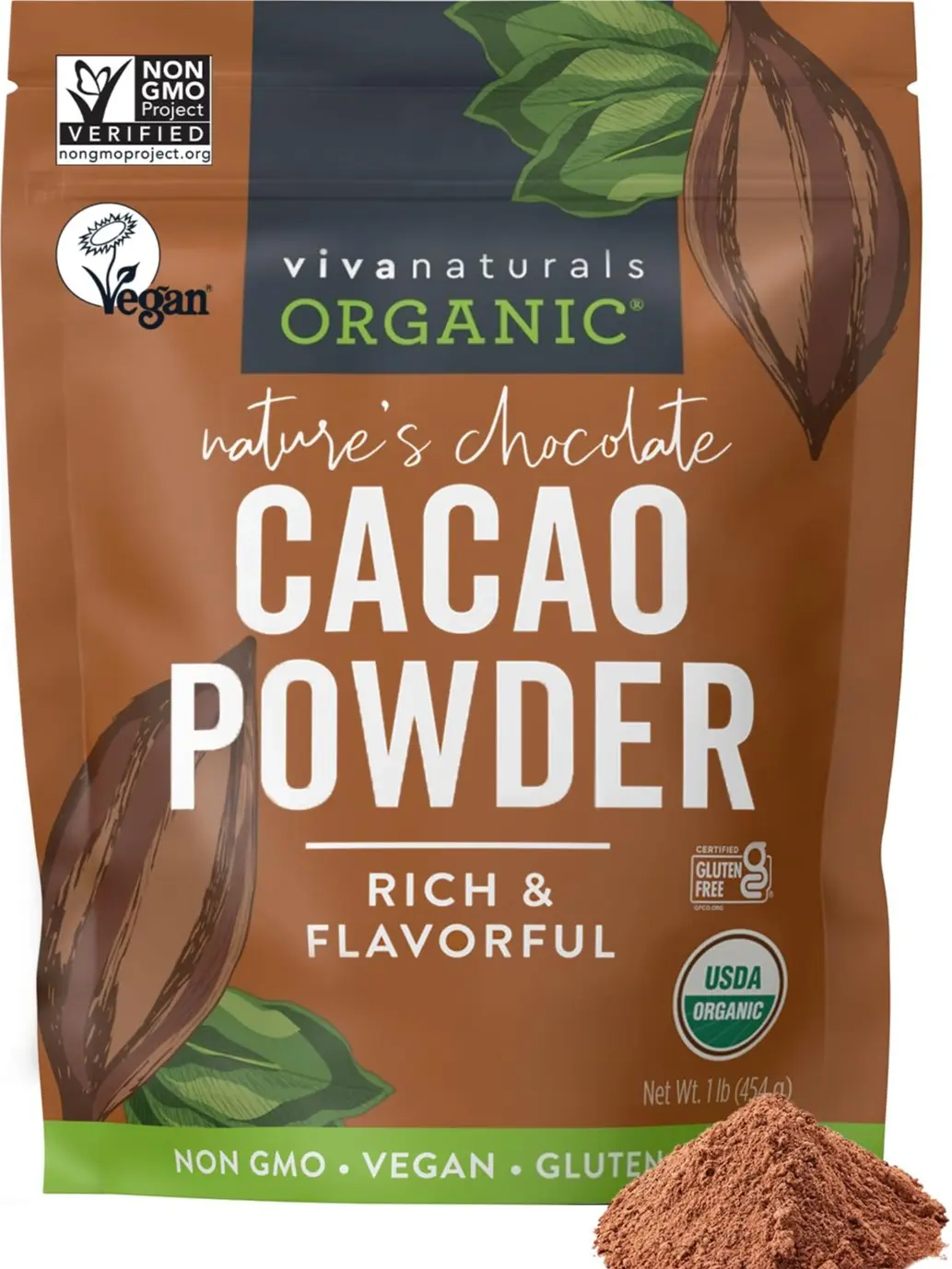 Organic Cacao Powder, Unsweetened, 1 lb (454 g) – Rich Dark Chocolate Flavor, Perfect for Baking, Smoothies & Hot Chocolate – Vegan, Keto, Paleo, Non-GMO & Gluten-Free Cocoa Powder