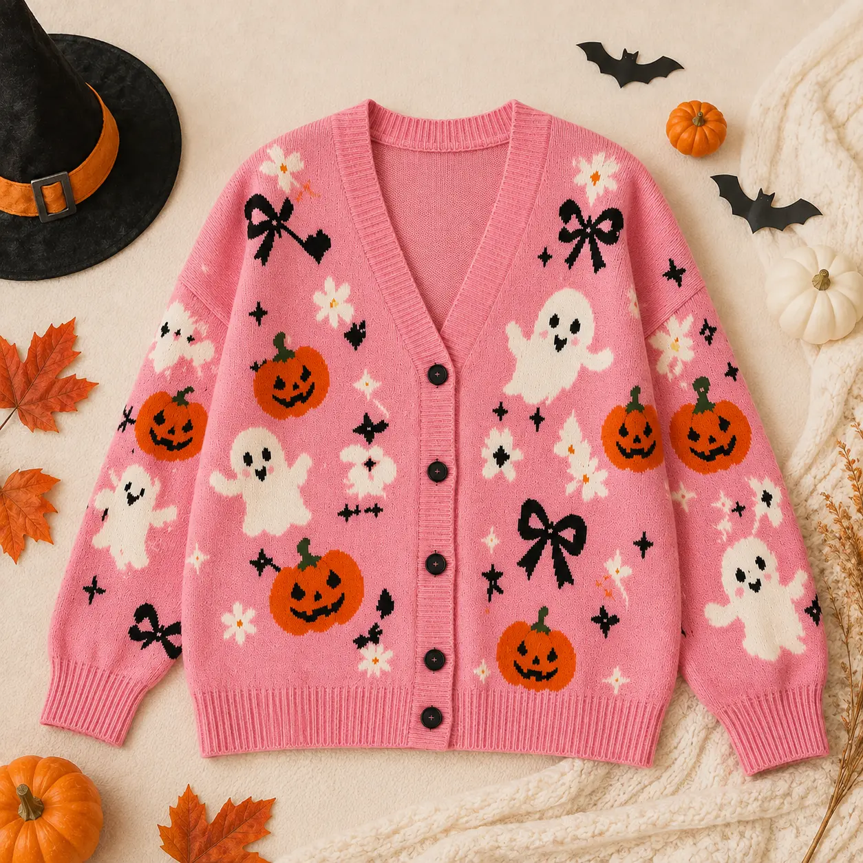 Pink Halloween Knitted Cardigan for Women, Cute Ghost Pumpkin Bow Knit Sweater, Cozy Fall Button Up Cardigan