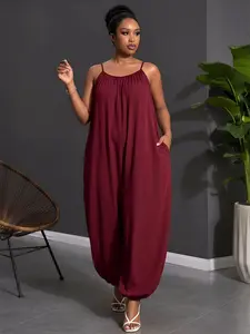 Plus Size Women's Boho Style Wide Leg Romper, Casual Sleeveless Party, Comfortable Solid Color Pants, Spring Summer Fashion