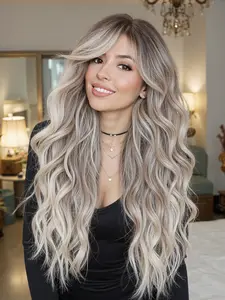 Gradual Root Wig, 26 Inch Long Curly Hair, Women's Half Bangs, Natural Everyday Look, Breathable Rose Net, High Temperature Fiber, Heat Resistant Wigs, Synthetic Material Wigs, Loose Wave Wigs