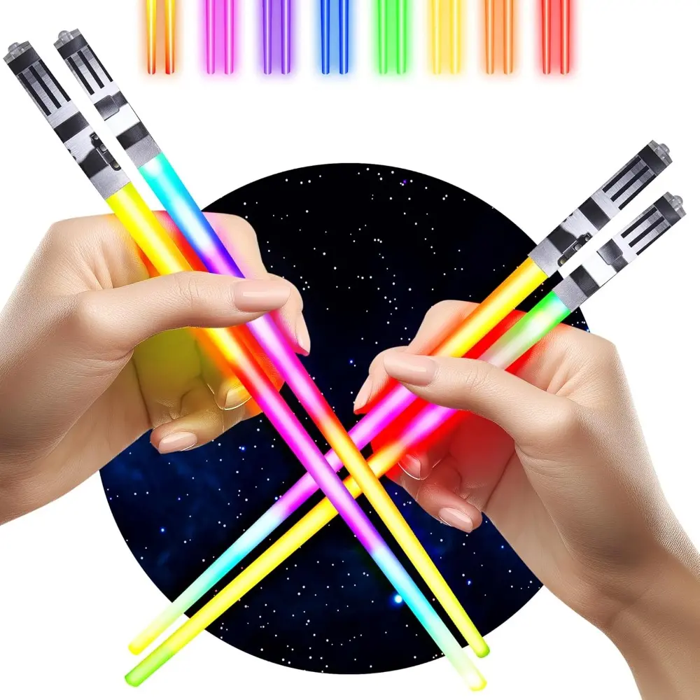 Reusable Glowing LED Light Saber Plastic Chopsticks - 2 Pairs, 8 Color Modes, Bright Cutlery Utensils, Festive Party Supplies for Christmas & Birthday Celebrations, Tableware, Kitchenware