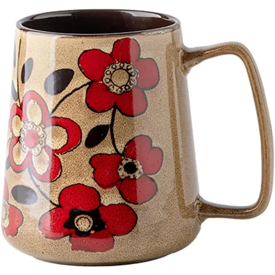 Large 24 oz Ceramic Coffee Mug with Handle, Vintage Floral Coffee Cup, Extra Big Tea Cup for Office and Home, Dishwasher and Microwave Safe, Khaki with Red Flower