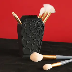 Gothic Coffin Spider Web Makeup Brush Holder, Lightweight Plastic Desktop Organizer, Ideal for Vanity or Office Decor