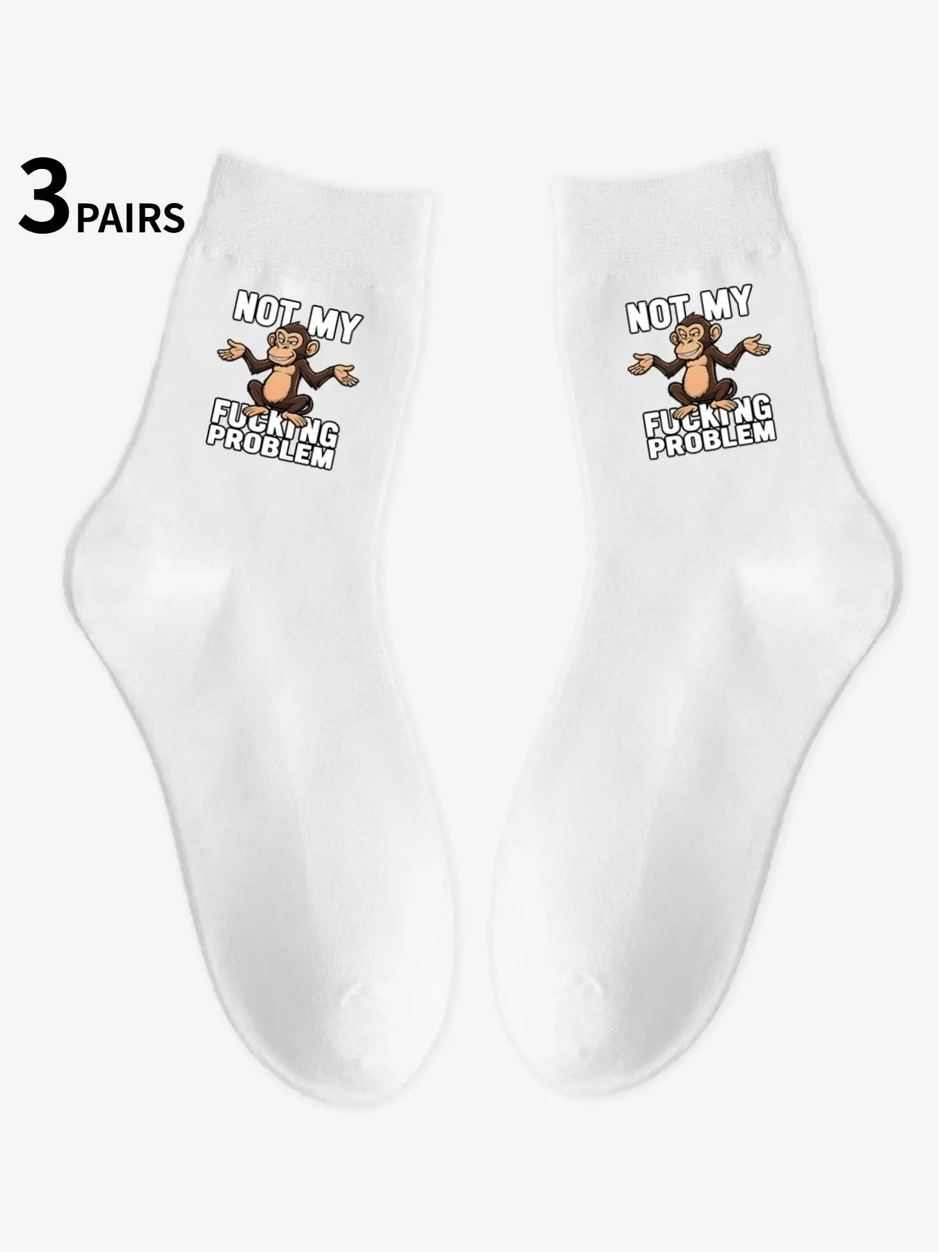 3 Pairs Unisex Monkey Print Socks with “Not My Problem” Letter Design Fun Print Black Mid-Calf Socks, White Mid-Calf Socks Mid-Calf Socks for Fall/Winter Season All-Season Style