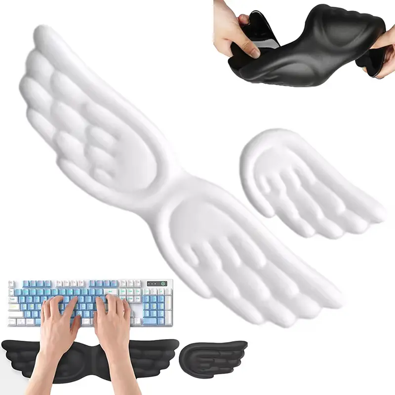 Angel Wing Memory Foam Mouse Pad and Keyboard Wrist Rest Set, Ergonomic Non-Slip Laptop/PC Accessories with Massaging Breathable PU Layer, Cloud-Like Cushioning for Gamers/Users, Wrist Relief for Easy Typing