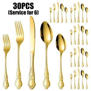 30PCS vintage cutlery service for 6, premium stainless steel flatware Dinnerware Set includes spoon fork and knife, exquisite silverware for wedding/Christmas/thanksgiving/house-warming, festive table decor, Utensils, Tableware Kit