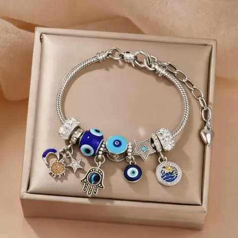 Celestial Charm Bracelet for Women |   Moon, Hamsa Hand, Evil Eye & Tree of Life Charms |   Gold Adjustable Chain |   Fashion Jewelry Gift