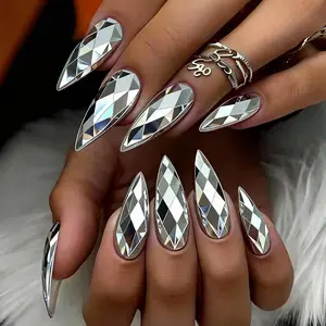 Silver Electroplated Press on Nails Almond Fake Nails Relief Geometric Shape False Nail Design Full Cover Silver Rhombus Glossy Acrylic Nails for Women Girls DIY Manicure Decoration 24Pcs